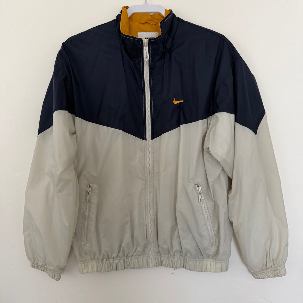 Nike Windbreaker Jacket Size M Navy Blue Beige Yellow Colorblock Full Zip